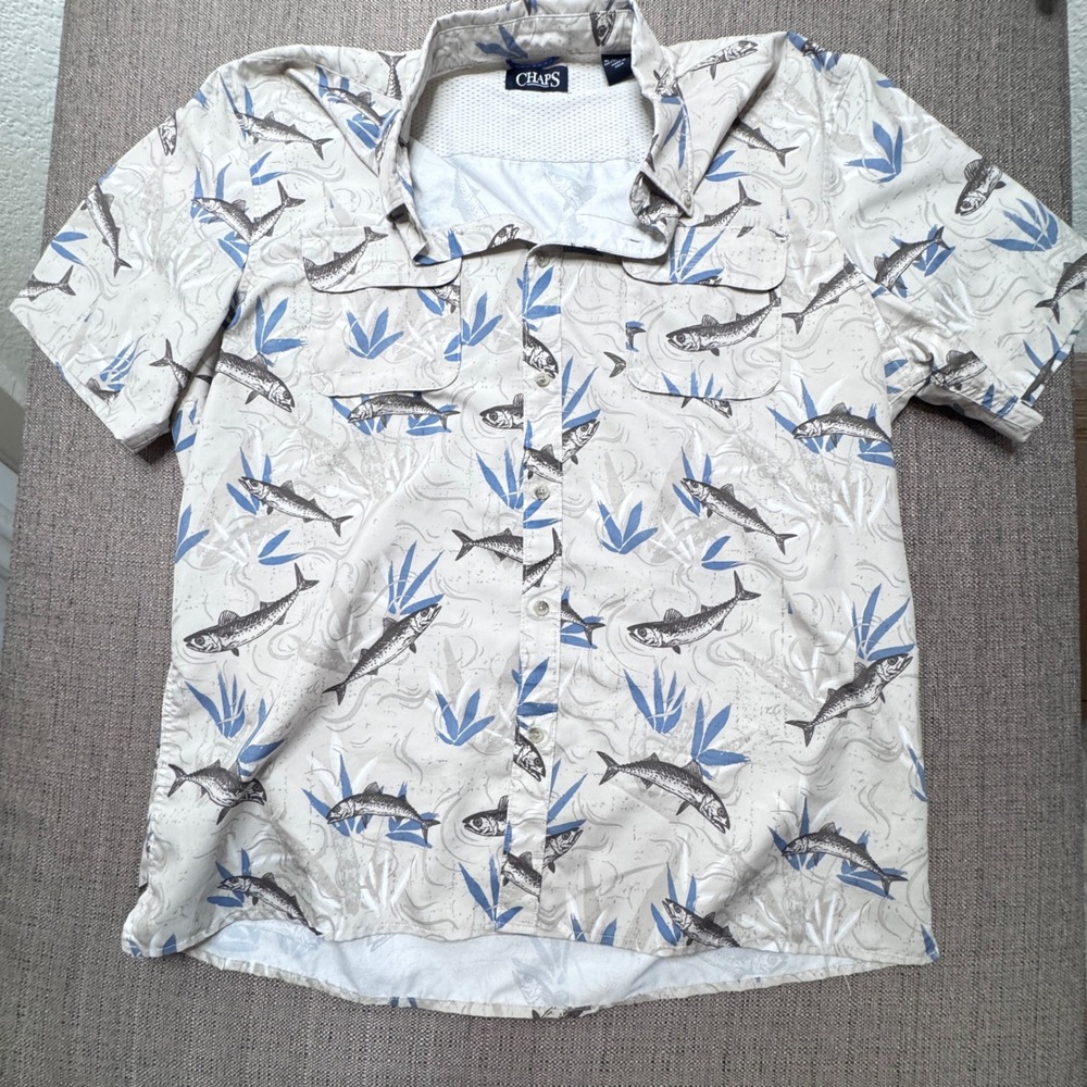 Chaps Mens XL Fishing Shirt Short Sleeve Button Down Fish Print Gray Blue